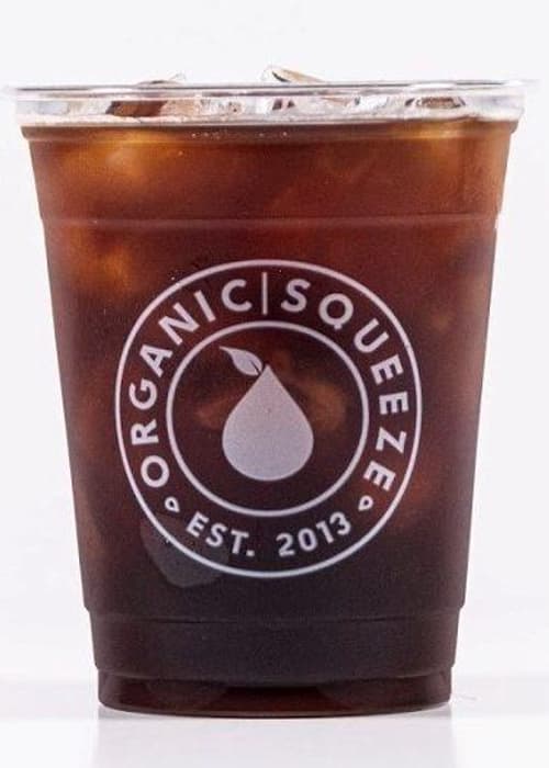 Cold brew in cup with Organic Squeeze logo
